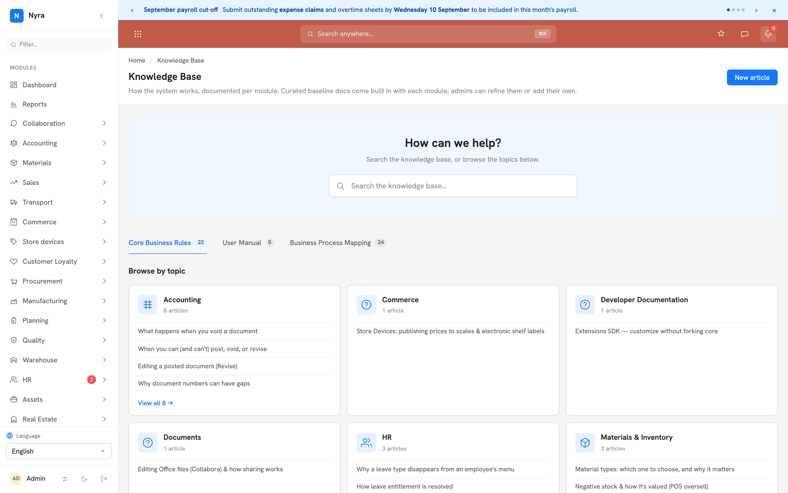 A tailored knowledge base screen in Nyra